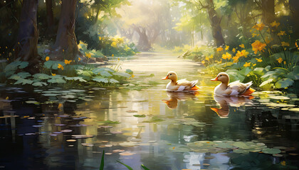 Fototapeta premium Watercolor Duck Family: Tranquil Pond Bliss