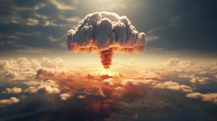 A mushroom cloud from an atomic explosion soaring above the clouds - obrazy, fototapety, plakaty