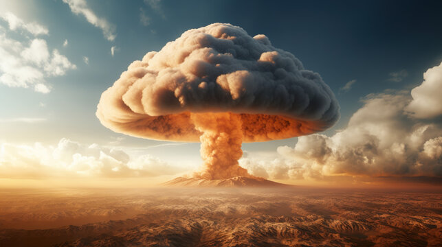 A mushroom cloud from an atomic explosion soaring above the clouds