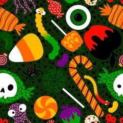 Cartoon Halloween candy seamless lollipop and sugar cherry and worms and skulls pattern for wrapping paper