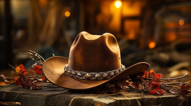A cowboy hat and rope hanging on a peg in a cabin. Generative AI