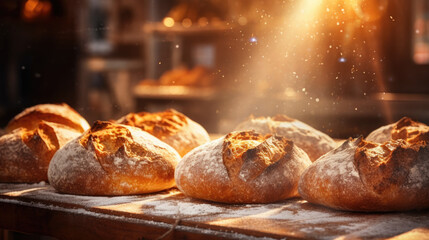 fresh bread from the oven, bakery products, fragrant crispy bread, fresh bread, morning time, bread on the shelves, bakery, bakery business - obrazy, fototapety, plakaty