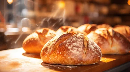 Fotobehang Bakkerij fresh bread from the oven, bakery products, fragrant crispy bread, fresh bread, morning time, bread on the shelves, bakery, bakery business