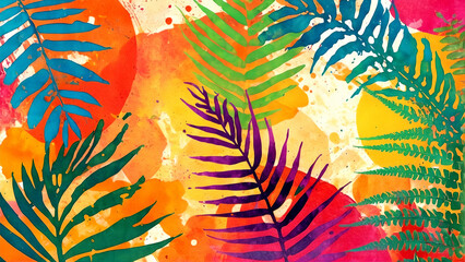 Colored fern leaves on a colorful abstract background. Generative AI.