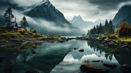 Fototapete Rund Amazing landscape inspired by Norway - fictional landmark illustration © 4kclips