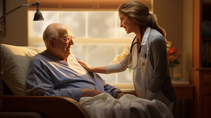Tender Care in the Golden Years  Joyful Nurse Ensuring the Comfort of an Elderly Man with a Cozy Blanket in a Nursing Home