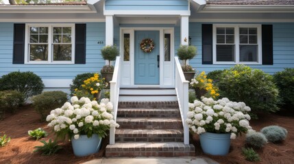 A front entrance of a home with a blue door. Generative AI - obrazy, fototapety, plakaty