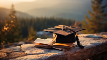 A graduation cap on top of a book. Generative AI - obrazy, fototapety, plakaty