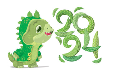 Happy new green wood dragon year greeting card with cute baby dragon 