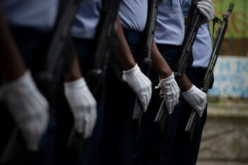 Detail of gloved hands of air force soldiers are seen during the Brazilian independence parade in...