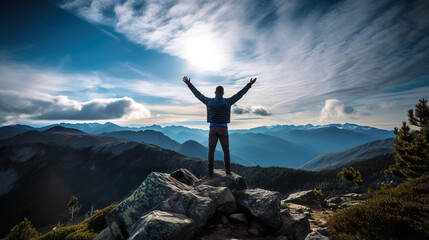 A joyful man is celebrating on the summit of a mountain, with his arms raised in the air