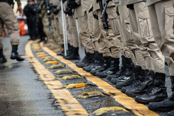 Low view of Bahia Military Police soldiers celebrating Brazilian independence in the city of Salvador, Bahia.
