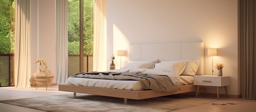 Modern bedroom interior minimalist design with pillows and blankets