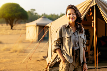 Young Asian woman in adventurer outfit on African safari. Standing next to camp tent, blurred savanna background. Generative AI