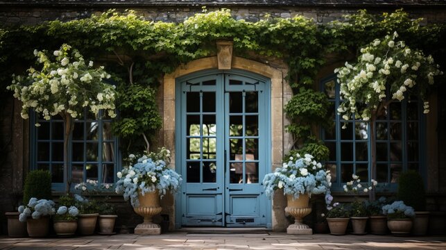 A large house with a blue door and a garden. Generative AI