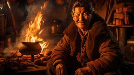 Winter Cookout: Smiling Ethnic Man Enjoying Campfire Meal Outdoors