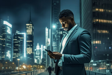 Urban Professional: A Businessman in Suit Engages with His Smartphone in the Vibrant Night Financial Distric, ai generative
