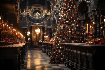 Naklejka premium Christmas tree decorations inside of church