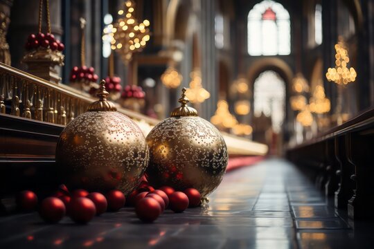 Christmas tree and table decorations inside of church