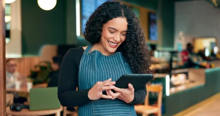 Cafe, waitress and woman success on tablet for restaurant sales, online profit or customer service reviews. Happy worker, business owner or barista wow for digital news, target or coffee shop goals - Powered by Adobe