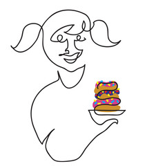 One line drawing of happy cute child girl holding donut plate.
One continuous line drawing of birthday party concept.