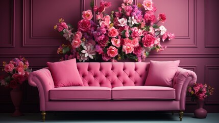 A pink couch in a room with flowers on the wall. Generative AI