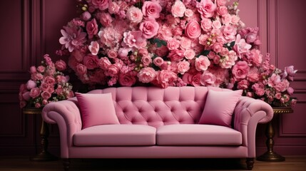 A pink couch in a room with flowers on the wall. Generative AI