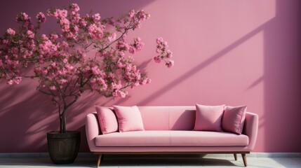 A pink couch in a room with flowers on the wall. Generative AI