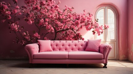 A pink couch in a room with flowers on the wall. Generative AI