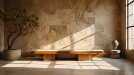 A room with a marble wall and a bench. Generative AI