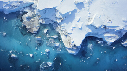 Aerial top view of ice coast in Antarctica, glacier in frozen sea, - obrazy, fototapety, plakaty