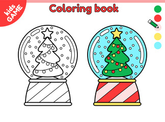 Snow glass ball with Christmas tree. Page of coloring book for kids with cartoon snow globe. Color outline picture. Activity for children. Vector black and white illustration of the holiday decoration