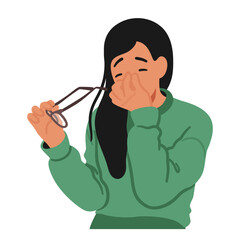 Woman Character Wearing Glasses, Her Face Slightly Strained, Rubs Her Tired Eyes With A Thoughtful Expression