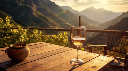 Fototapeta na wymiar A glass of wine rests on a wooden table set amidst the mountainous terrain