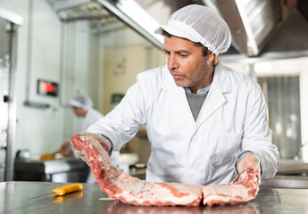 Focused professional male butcher preparing raw meaty pork ribs for sale in butchery ..