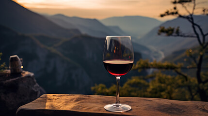 A glass of wine rests on a wooden table set amidst the mountainous terrain