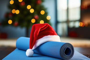 Close up of yoga mat with Santa Clause hat with home decorated for Christmas, New Year. Healthy lifestyle, weight loss, New Year's resolution - obrazy, fototapety, plakaty