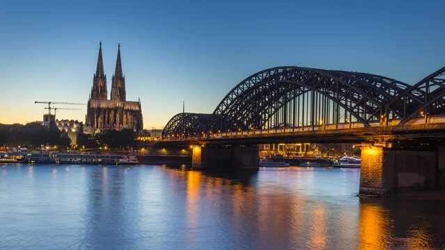 Cologne city germany skyline aerial view time lapse footage ofcity cologne cathedral night view river and bridge.