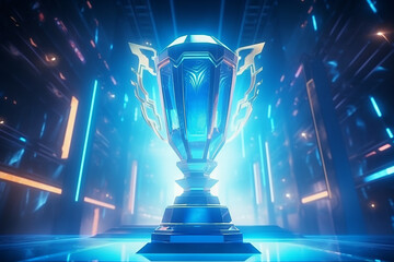 A esports concept trophy for an esports tournament winner. The futuristic concept with neon and a podium. Generative ai
