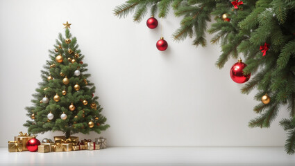 Christmas tree over white background. Backdrop with copy space