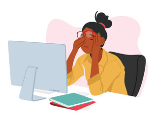 Young Woman In Office Clothes And Glasses Sits At Table With Computer, Rubbing Her Tired Eyes, Vector Illustration