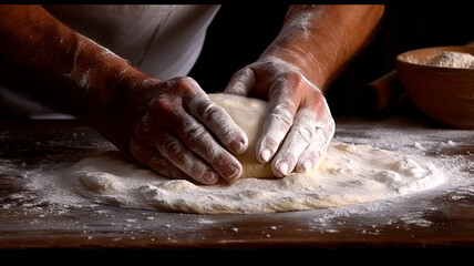Men hands sprinkle a dough with flour close up. Chef prepares the dough with flour to make pizza.