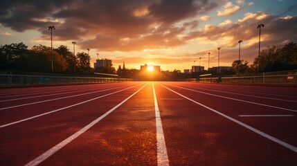 An empty running track with morning light. Generative AI