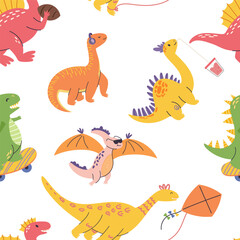 Vibrant And Playful Seamless Pattern Featuring Adorable Dinosaurs In Various Poses And Colors, Perfect For Children © Anna Syvak