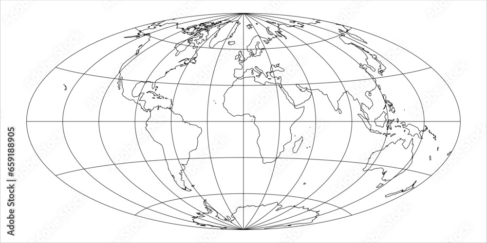Poster simplified map of world with latitude and longitude grid. aitoff projection. white land with black s - Posters