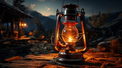 An old-fashioned lantern with a glowing flame an antiq. Generative AI