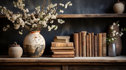 Obraz na płótnie Canvas Antique bookshelf with old-fashioned books and a vase. Generative AI