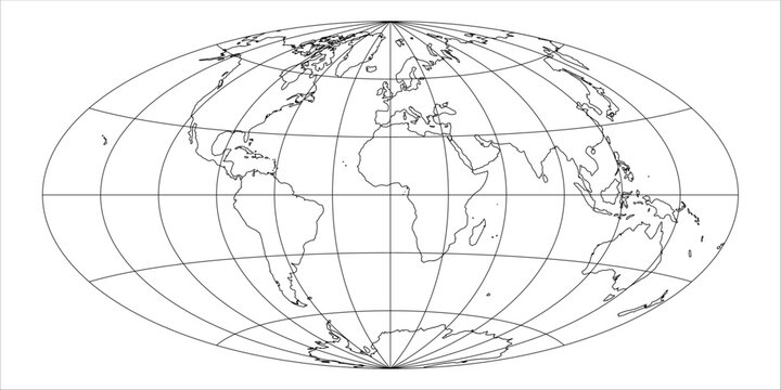 Simplified Map of World with latitude and longitude grid. Aitoff projection. White land with black stroke. Vector illustration.