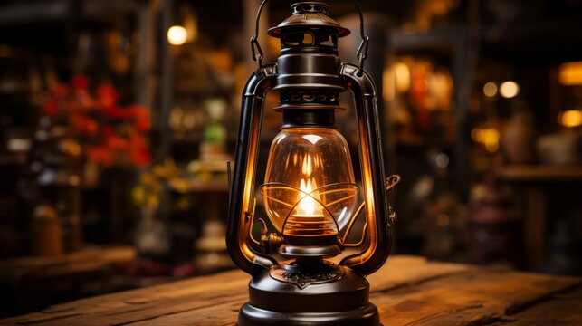 An old-fashioned lantern with a glowing flame an antiq. Generative AI