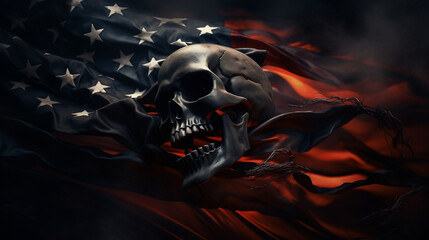 Halloween Themed USA Flag with Dark Skull Overlay, Fire in the background,  Skull and Stripes - Generative AI